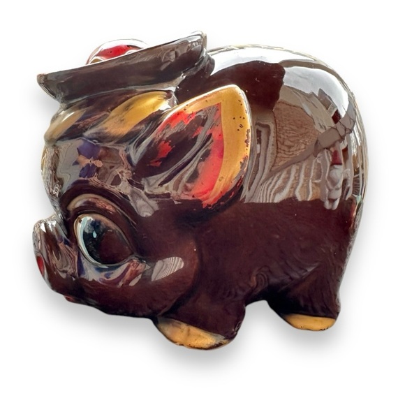 Vintage Other - Vintage 70s Redware Japan Ceramic Brown Piggy Bank With Hat Hand Painted